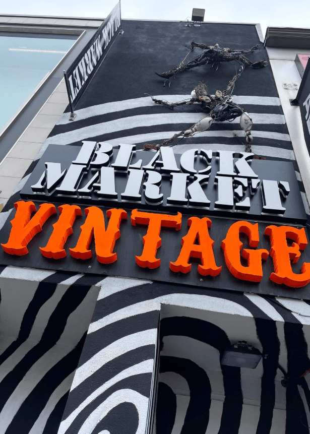 Black Market Vintage storefront showing hybrid brick-and-mortar and online operations, demonstrating how enables 30 items per hour processing speed.