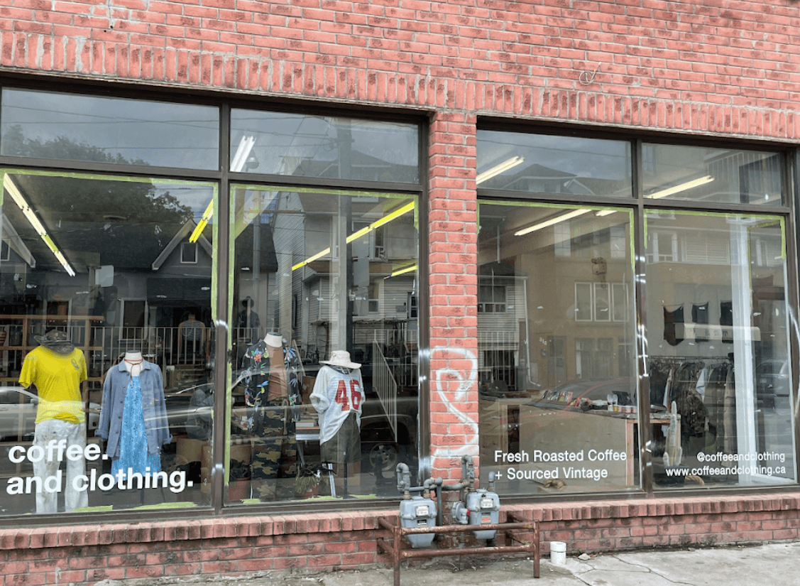 Coffee and Clothing traditional vintage boutique storefront showing how rarely online stores can save 40+ hours monthly through AI while maintaining in-store focus.